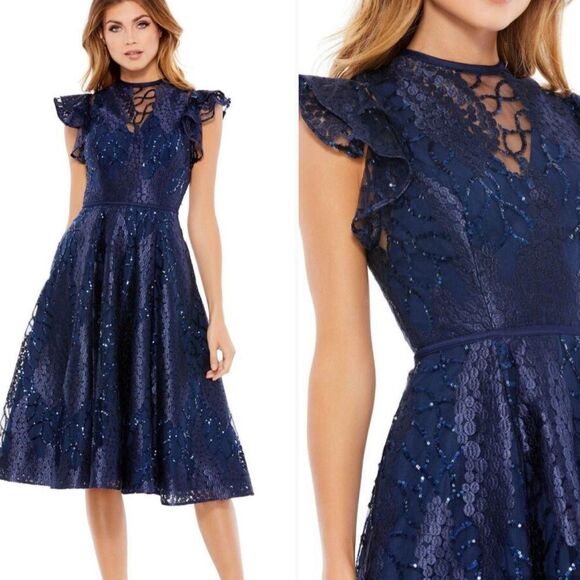 Mac Duggal 12467 Womens Flutter Sleeve Sequin Applique Cocktail Dress Blue 16 - Picture 1 of 15